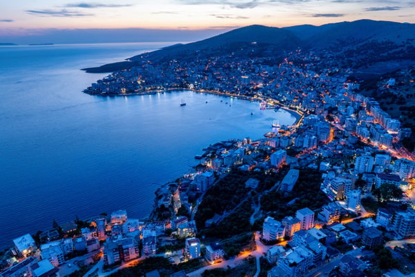 Aerial of the city of Sarande in Southern Sarande, Albania