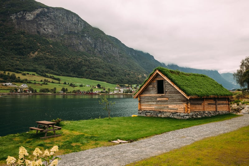 Norwegian house, next to the fjord. Olden, Norway