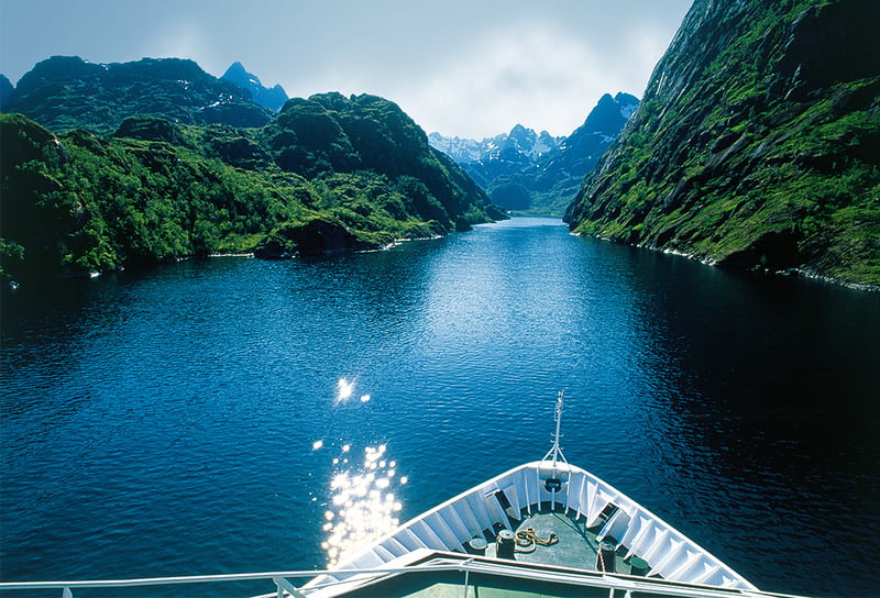 Hurtigruten's MS Trollfjord cruising through the fjords of Norway