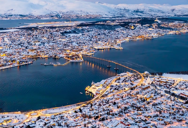 Aerial view of Tromso, Norway with city lights