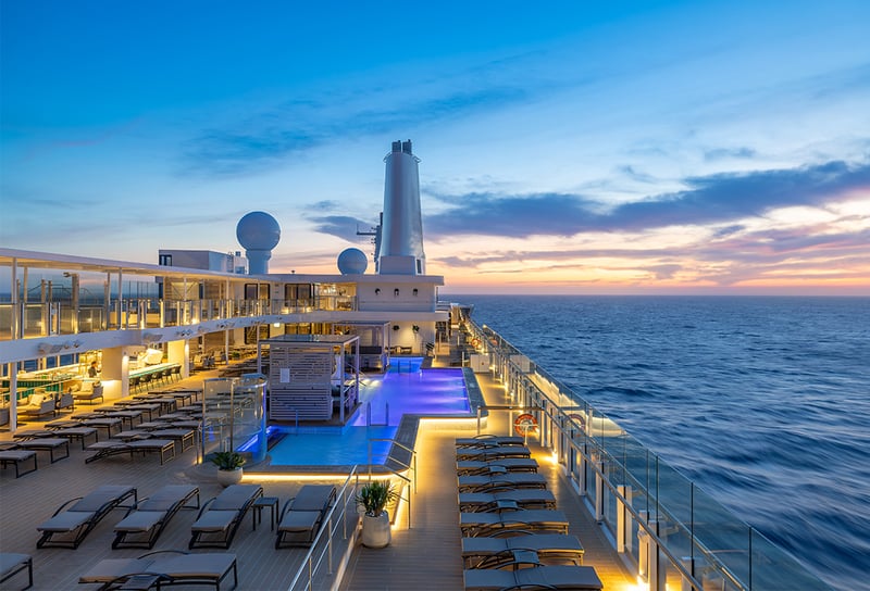 Silversea Cruises Pool Deck View with Sunset in the back - How to Choose the Right Cruise Cabin Inside, Balcony or Suite
