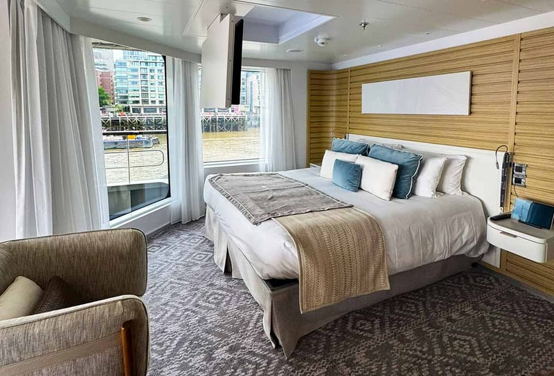 Owners-Suite-on-Ponant-Le-Bellot-docked-in-London-Bridge-next-to-HMS-Belfast-Ponant-Le-Bellot-Review-A-Ship-Visit-on-the-Thames