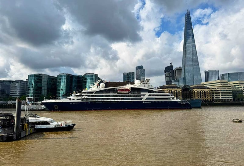 Ponant-Le-Bellot-docked-next-to-HMS-Belfast-by-London-Bridge-with-the-view-of-The-Shard-in-the-background-Ponant-Le-Bellot-Review-A-Ship-Visit-on-the-Thames