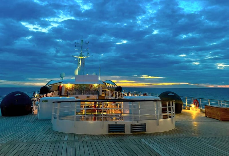 Sunset-on-the-top-deck-of-Windstar-Cruises-Star-Pride-on-the-English-Channel-Windstar-Star-Pride-Review-Five-Days-from-London-Bridge-to-St.-Malo