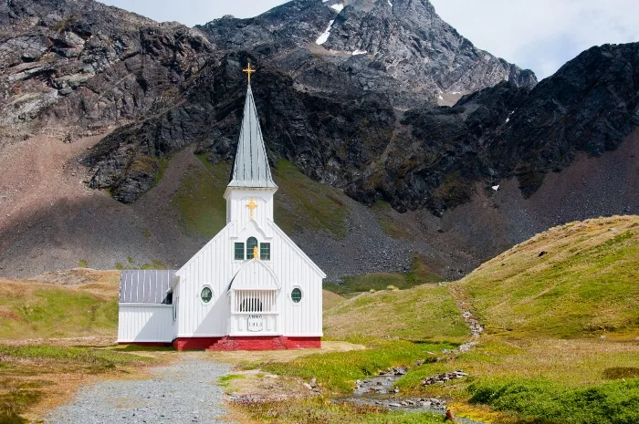 The island's church looks out towards Grytviken's derelict whaling station. 