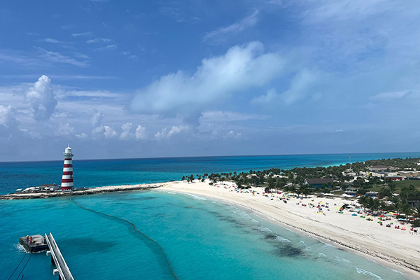 Lighthouse in Ocean Cay with blue skies in the background