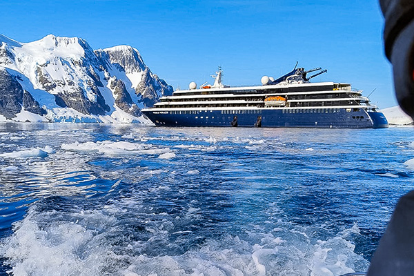 View of World Voyager from Zodiac in Antarctica